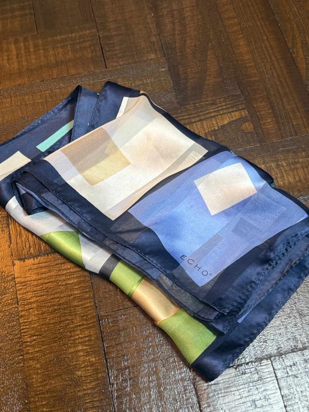 Echo Silk Scarf Y2K Geometric‎ Blue Green Sheer Lightweight